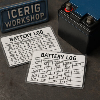 Log cards showing voltage and run time for several batteries