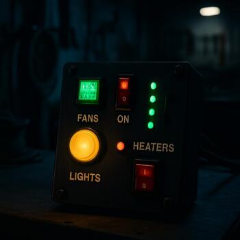Bench test control panel glowing in a dark workshop