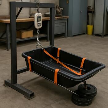Sled frame strapped to a pull test rig with weights and a scale