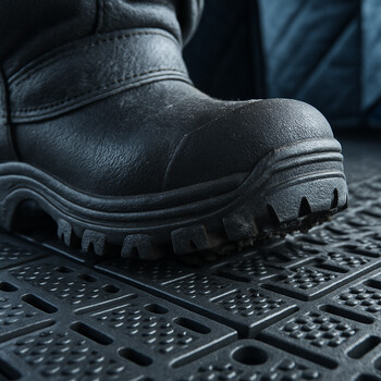 Close-up of a studded boot heel pressing into a wet test tile