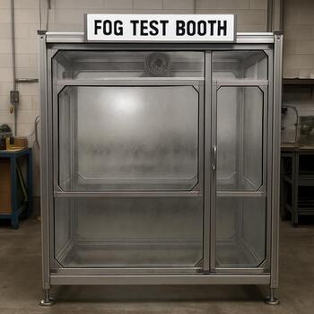 Small insulated fog booth with a clear test window in the door