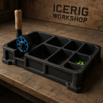 Wide view of a shallow line tray loaded with rigs and small spools