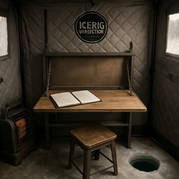 Wide view of a small desk next to the bench with log sheets and a lamp