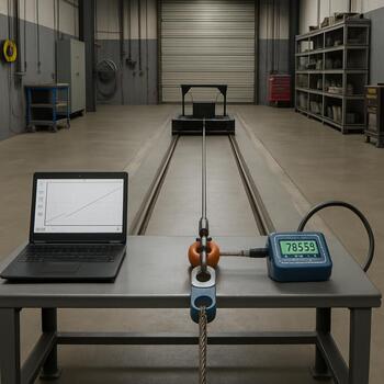 Wide view of a sled on a marked pull track inside the workshop