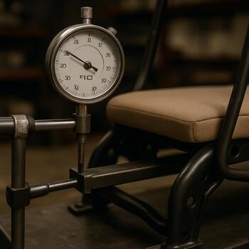 Seat test frame with a weight bag sitting on a padded box lid