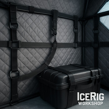 Wide view of the strap stretch rig pulling two straps over a round rail