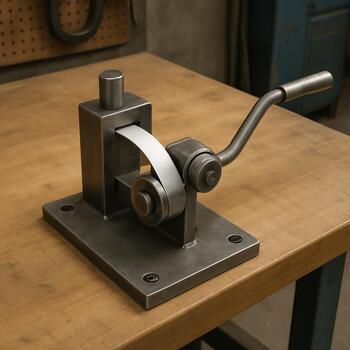 Bench jig bending a cold plastic strip to check for cracks