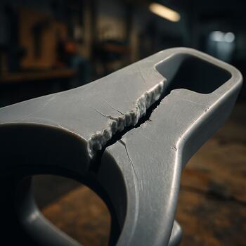 Close-up of a cracked plastic bracket after cold bend test