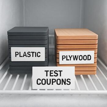Plastic and plywood test coupons stacked on a freezer shelf