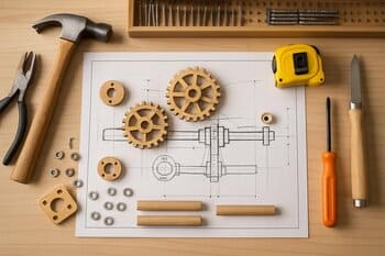 Wide view of a workbench with sled, box and tools ready for a rig build