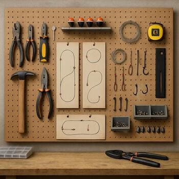 Cork board on the workshop wall with rig notes pinned in rows