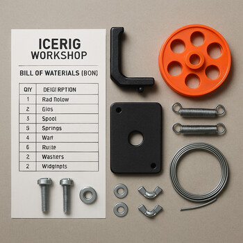Flatlay of labeled parts for sled, box and shelter kits on a bench