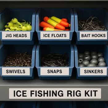 Labeled bins with small parts for box and shelter kits