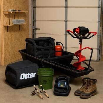 Packed kits near the workshop door ready to load into a sled