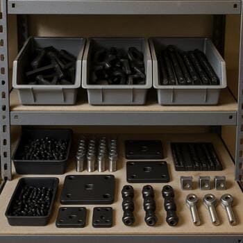 Workshop shelf with sled kit parts stacked on one side