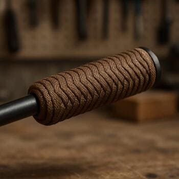 Sled handle wrapped with grip tape and marked pull point