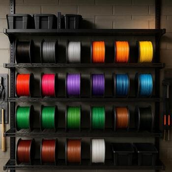 Wall of labeled filament spools used for winter test parts