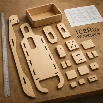 Cut sled deck boards and brackets laid out on a workbench