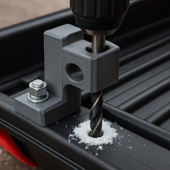 Close-up of a drill bit aligned with marks on the sled jig