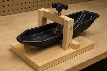 Sled side clamped to a drilling jig on the bench