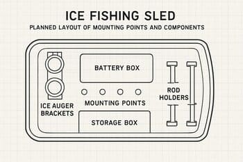 Top-down sled base blueprint with marked deck boards and strap lanes