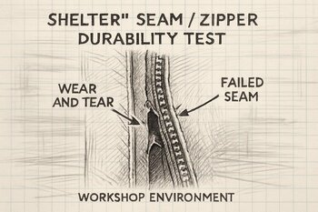 Shelter wall seam opened on a tension stand with light shining through