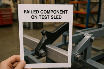 Sled frame on the bench with cracked corner bracket marked in red