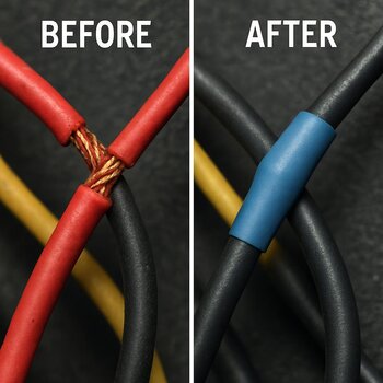 Wiring harness on the bench rerouted with soft clamps and labels