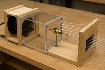 Wind blower aimed at an ice shelter wall panel on a test stand