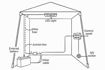 Top-down sketch showing three planned cable routes inside an ice shelter