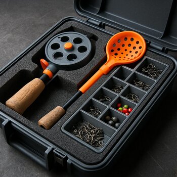 Modular organizer box with dividers and padded seat for ice fishing