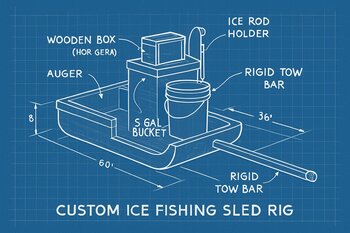 Top view of a DIY ice sled blueprint with marked times for gear boxes