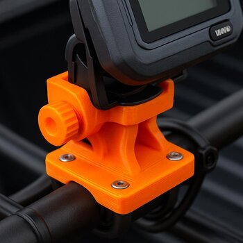 3D printed mounts and clips for ice sonar and action cameras on a workbench