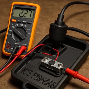 Workbench with clamps, ice auger parts and tools for bench testing rigs