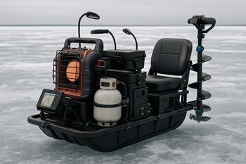 DIY sled rig with sonar box and gear strapped for ice fishing