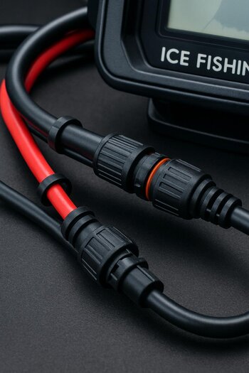 Close-up of tidy LED wiring and USB ports inside an ice fishing shelter