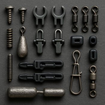 Flatlay of bolts, brackets and printed parts sorted into small trays