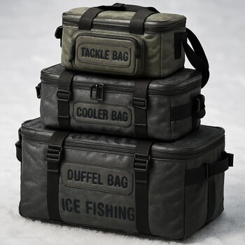 Packed fabric pouches with labels for sled kit, box kit and camera kit