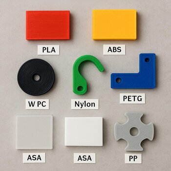 Labeled plastic and plywood samples on a bench with a marker