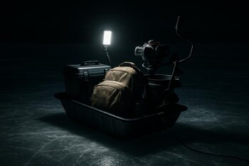 Packed sled at night with evenly strapped boxes and heater