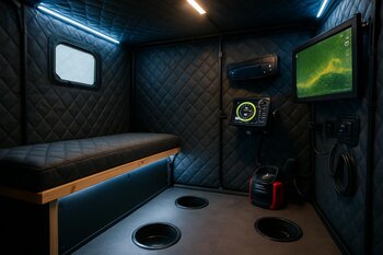 Inside view of an ice shelter with LED strips, side pockets and heater safely placed