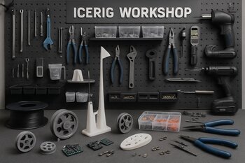 Wide view of the IceRig workbench with sled, box and tools laid out